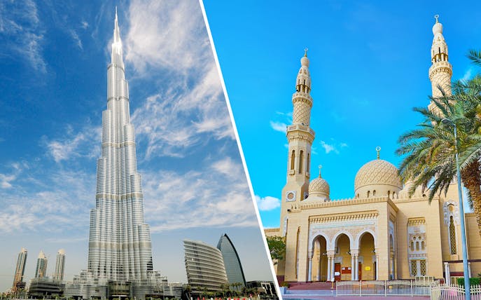 Burj Khalifa and Jumeirah Mosque in Dubai, part of city tour package.
