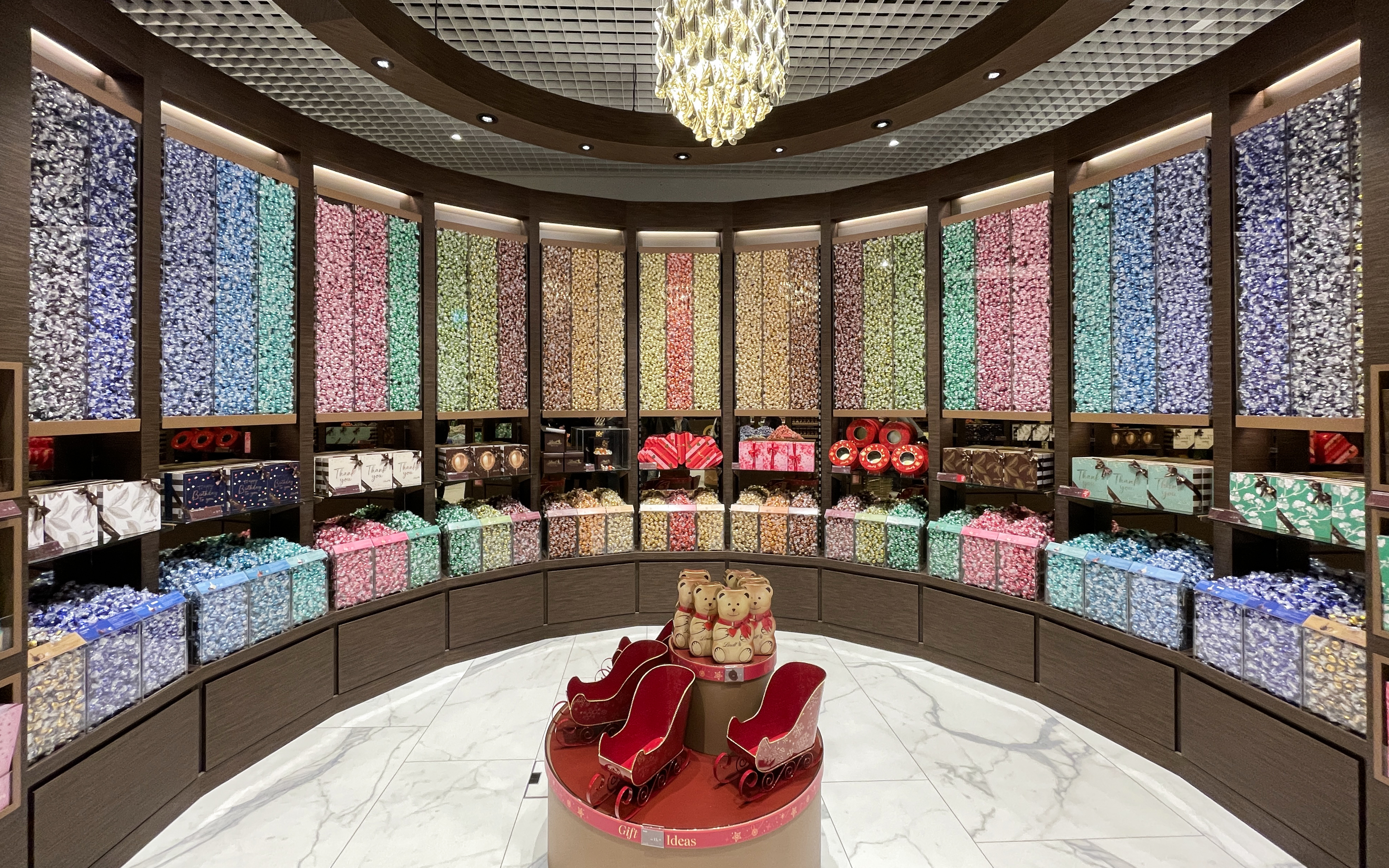 Colorful chocolate display inside Lindt Home of Chocolate Museum, Zurich.