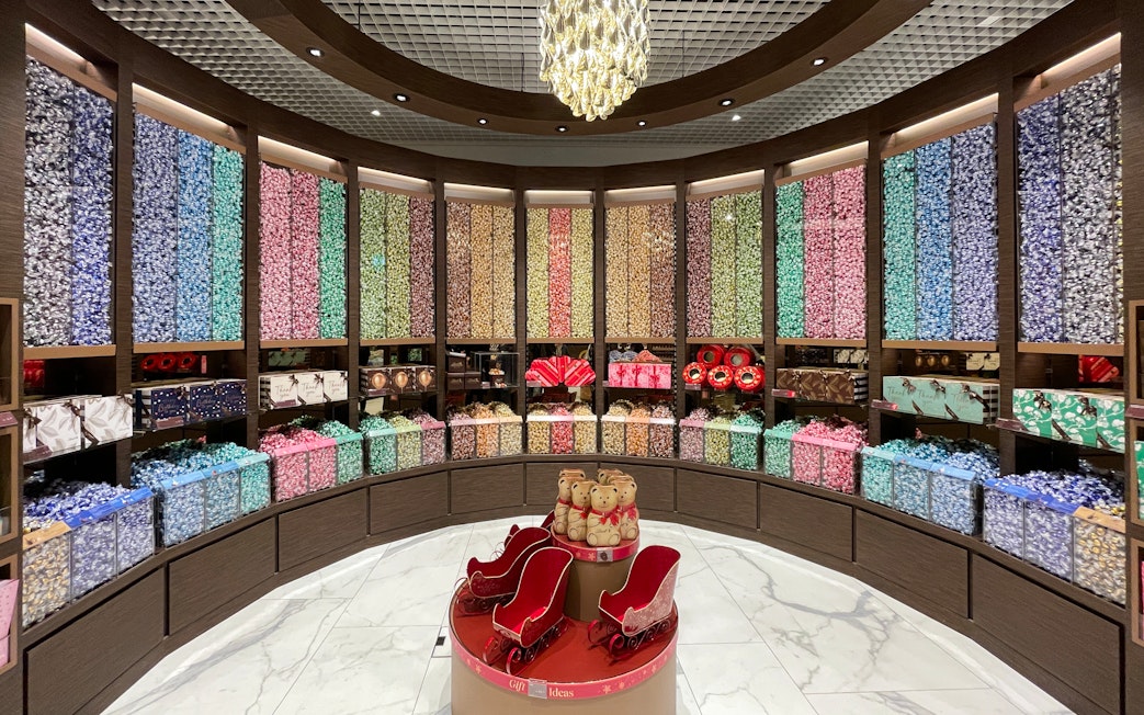 Colorful chocolate display inside Lindt Home of Chocolate Museum, Zurich.