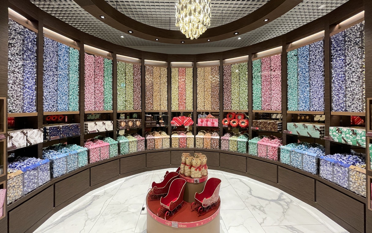 Colorful chocolate display inside Lindt Home of Chocolate Museum, Zurich.