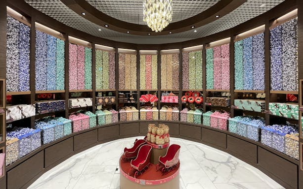 Colorful chocolate display inside Lindt Home of Chocolate Museum, Zurich.