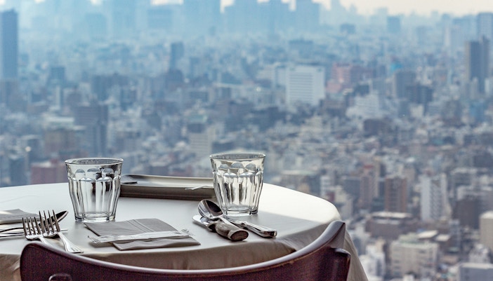 Tokyo Skytree restaurant dining experience with panoramic city view.
