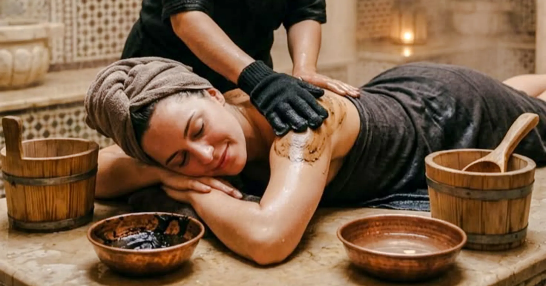 Traditional Marrakchi hammam massage with black soap in Marrakesh spa.