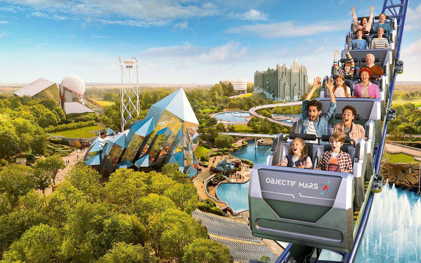 Roller coaster at Futuroscope with excited riders, futuristic architecture in background.