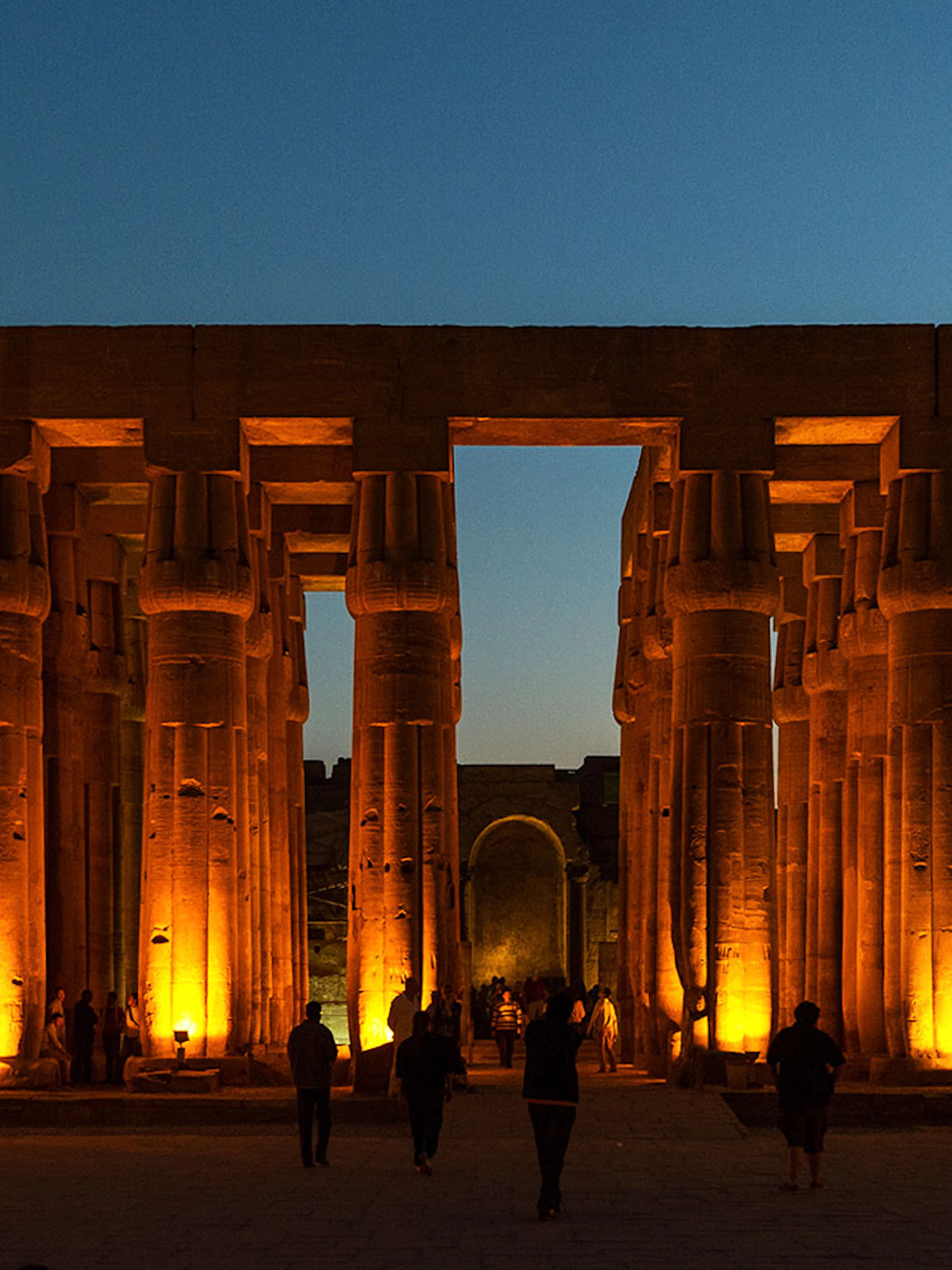 Karnak Temple illuminated during sound and light show, Luxor, Egypt.