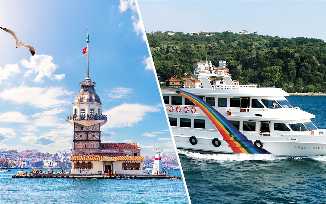 Maiden Tower and cruise ship on Bosphorus, Istanbul.