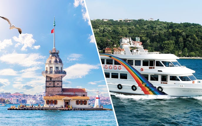Maiden Tower and cruise ship on Bosphorus, Istanbul.