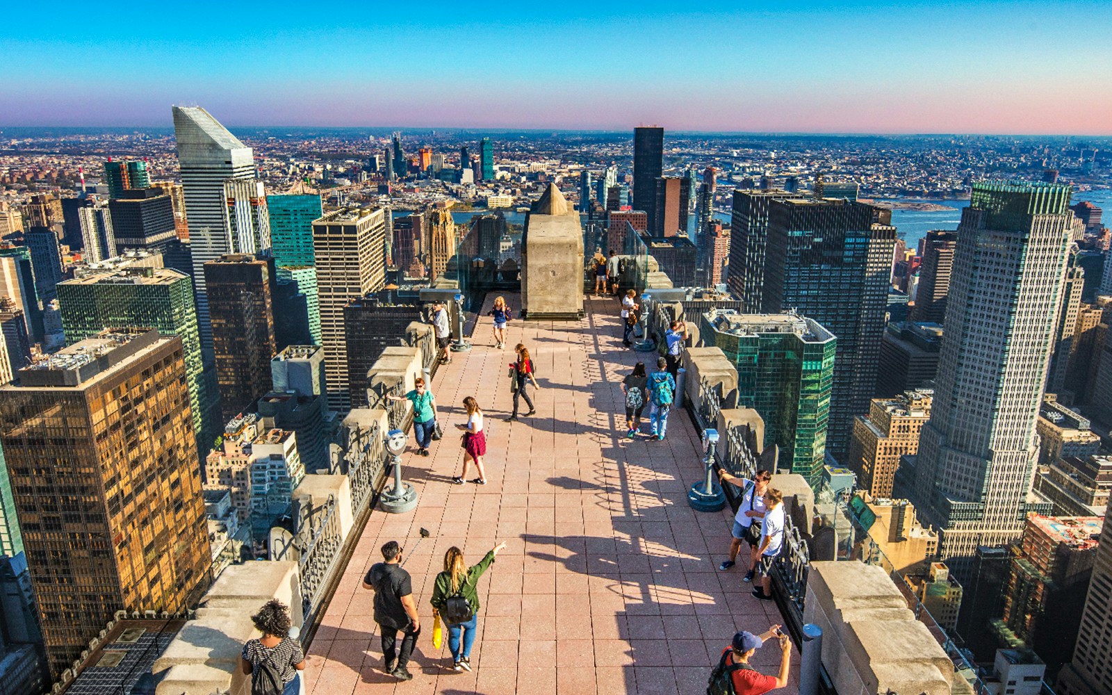New York City skyline from Top of the Rock Observatory, featuring iconic skyscrapers.