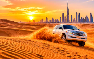 SUV driving through desert dunes at sunset with Dubai skyline in the background.