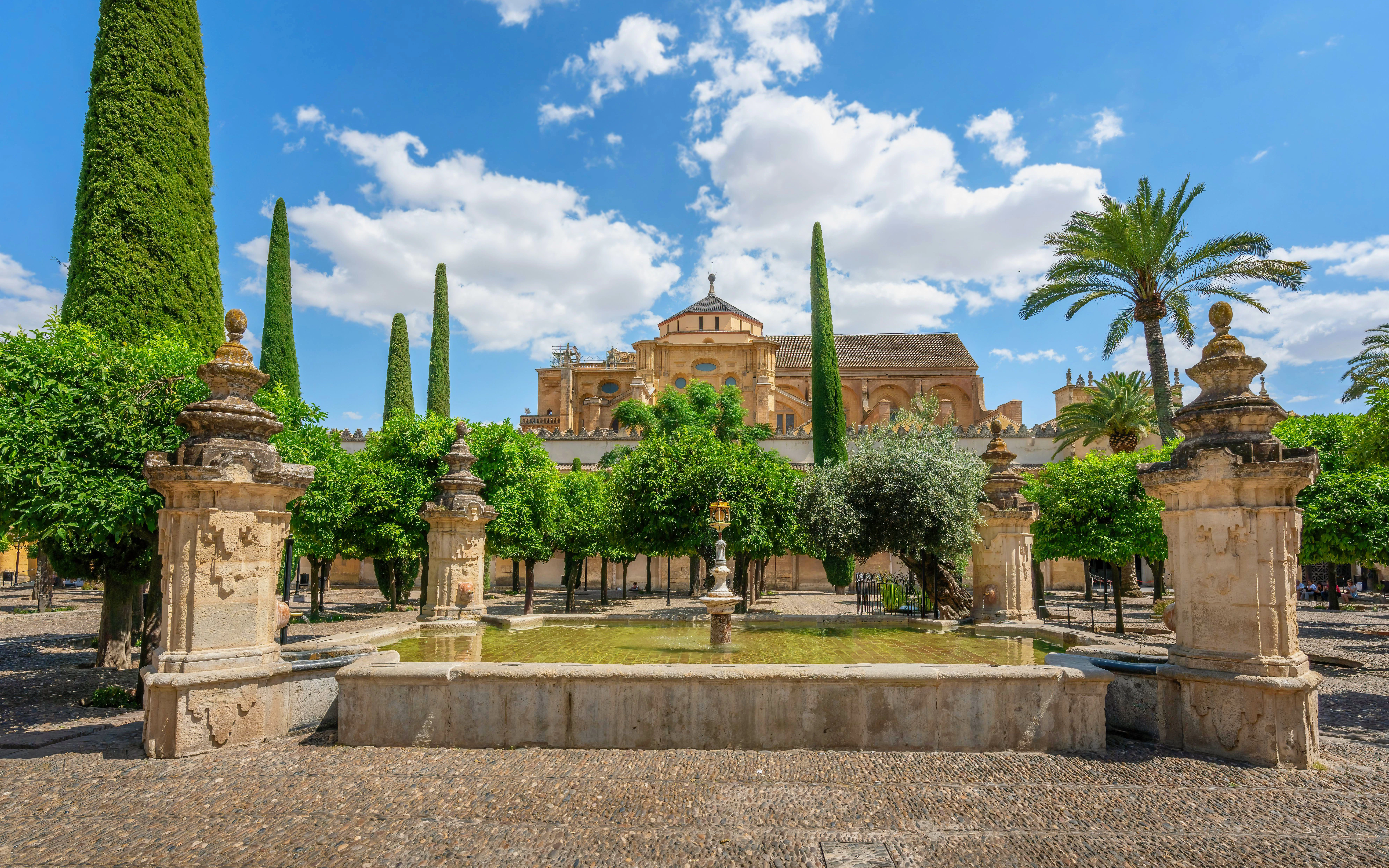 Patio de los Naranjos Courtyard with Santa Maria Fountain at Mosque–Cathedral, Cordoba, Spain.