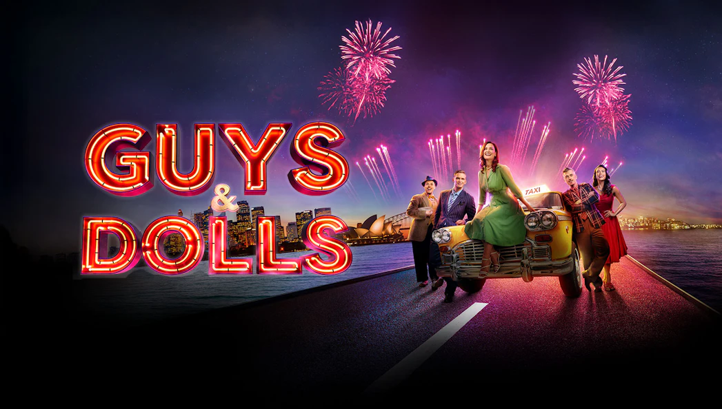 Guys & Dolls cast on a taxi with Sydney Harbour and fireworks in the background.