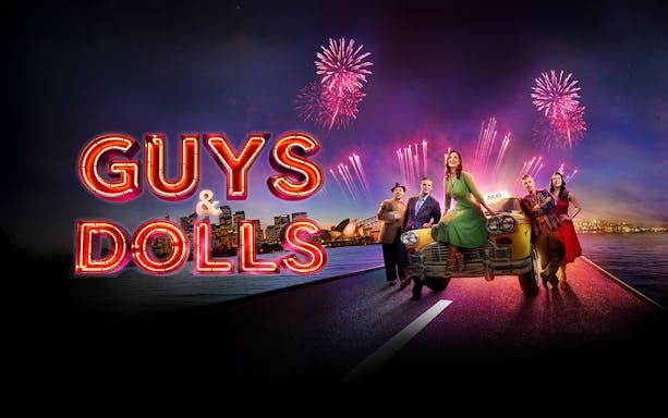 Guys & Dolls cast on a taxi with Sydney Harbour and fireworks in the background.
