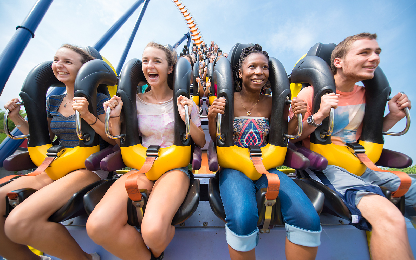 Riders enjoying the Dominator roller coaster at Six Flags King's Dominion.