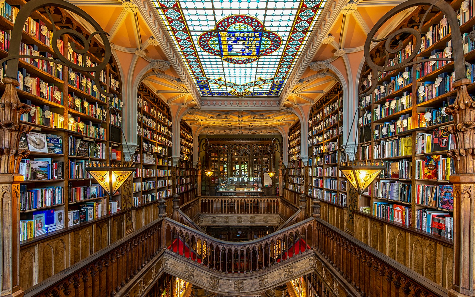 Lello Library's ornate staircase with bookshelves in Porto, Portugal.