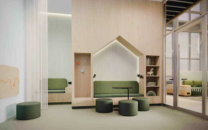 Airport Lounge World seating area with green sofas and modern decor at Munich Airport T1.