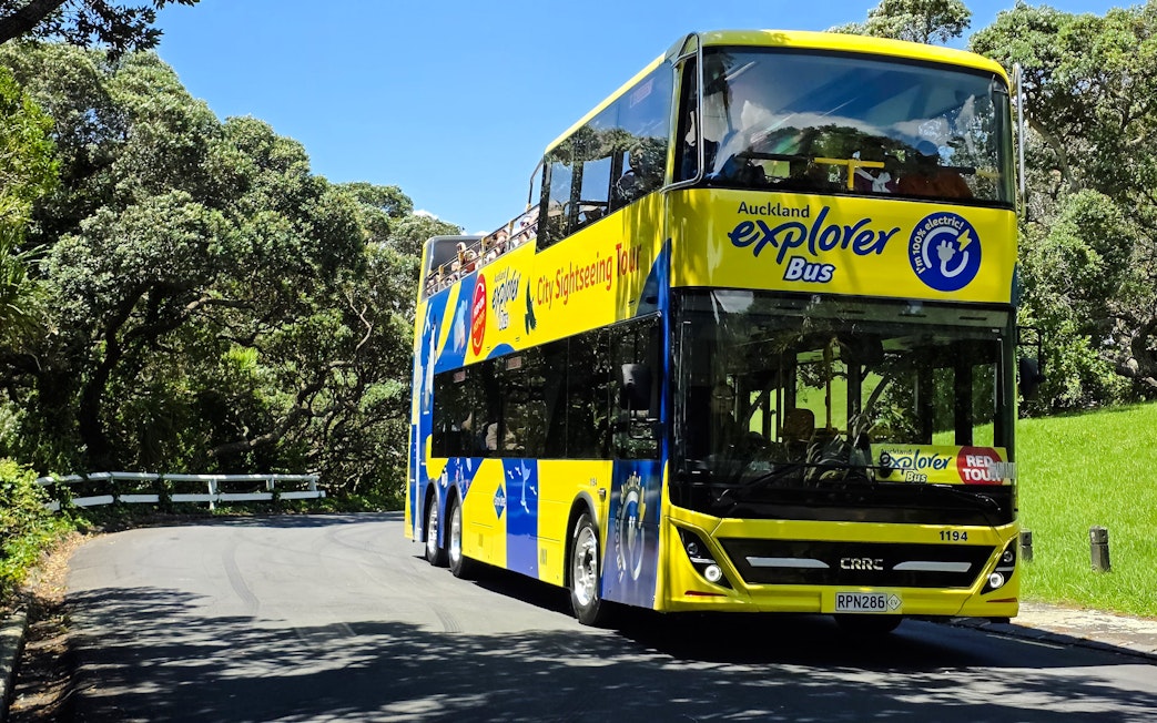 Auckland Explorer Bus on a scenic route through lush greenery.