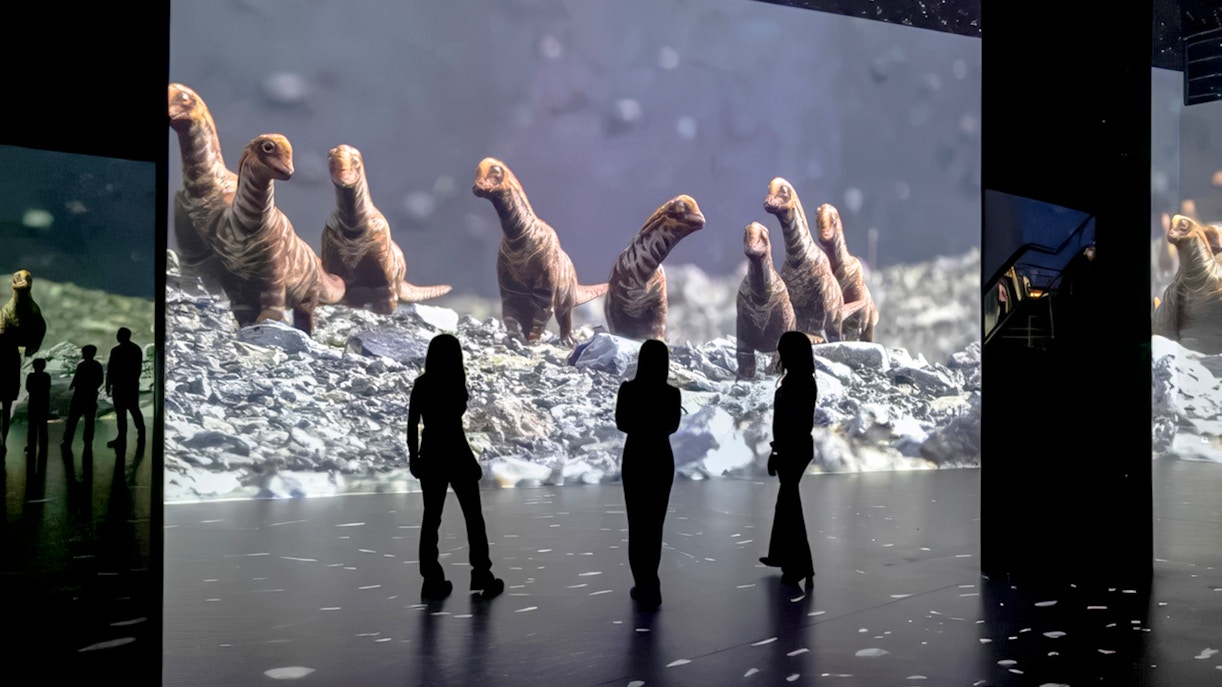 Guests viewing dinosaur projections at Phoenix des Lumières Dortmund exhibition.