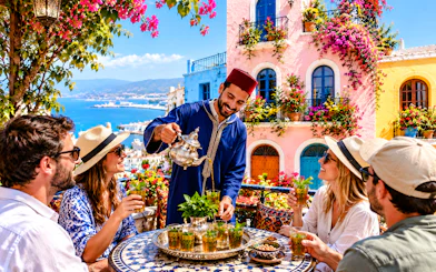Group enjoying Moroccan tea on a terrace in Tangier with colorful buildings and sea view.