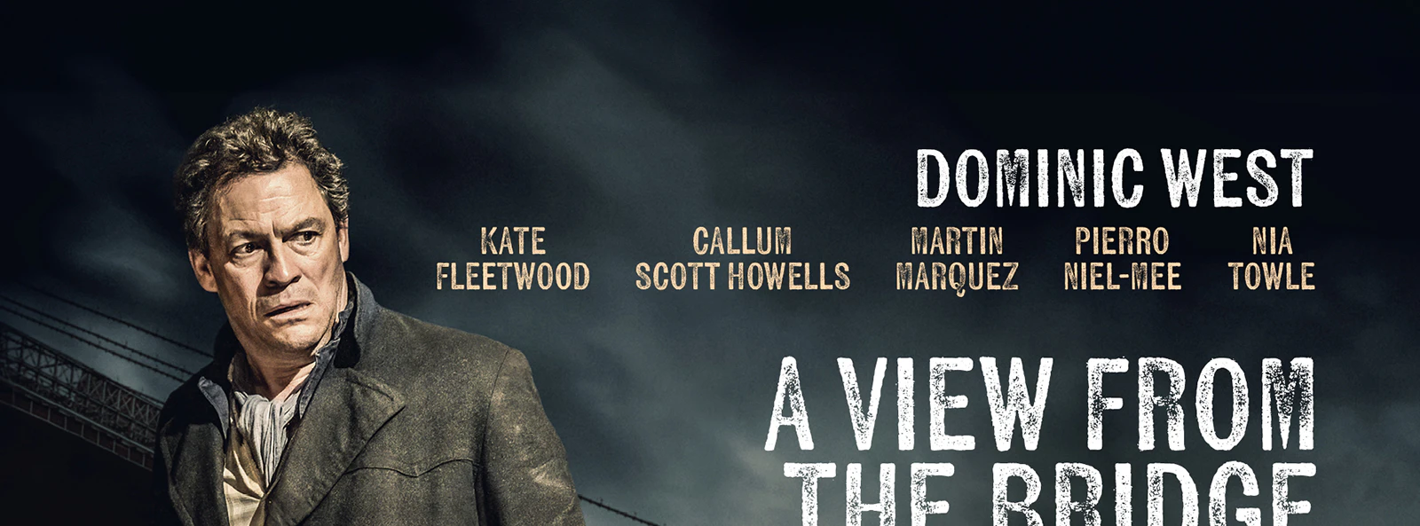 Theater poster for "A View From The Bridge" by Arthur Miller, featuring a man in front of a bridge.