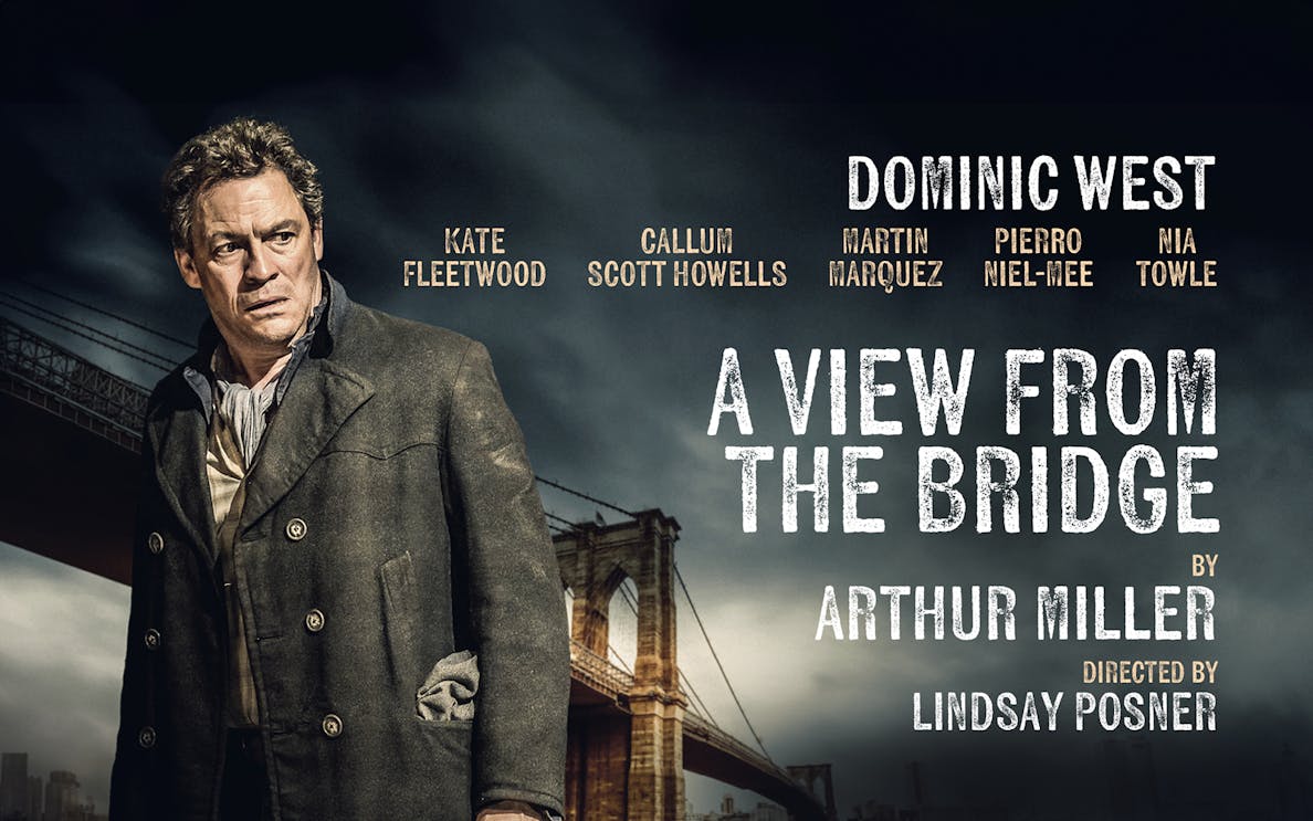 Theater poster for "A View From The Bridge" by Arthur Miller, featuring a man in front of a bridge.