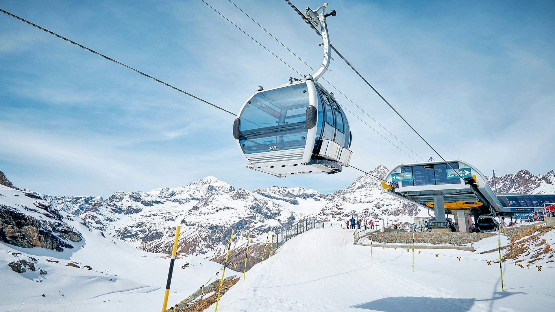 Cable car ascending to Matterhorn Glacier Paradise in the Swiss Alps.