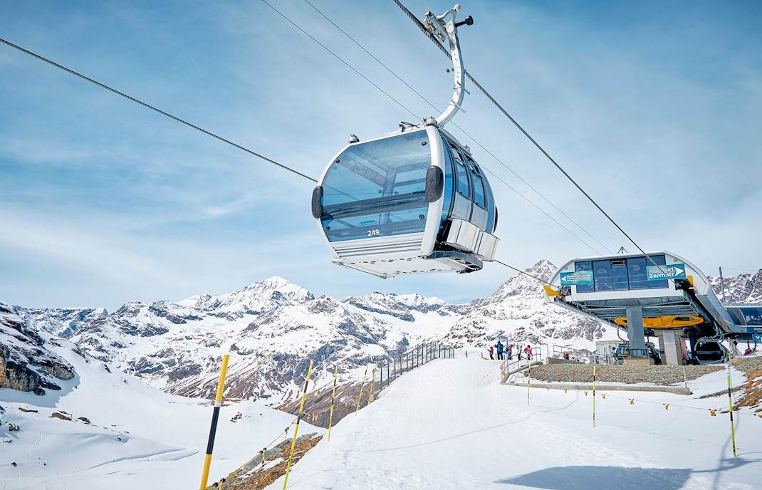 Cable car ascending to Matterhorn Glacier Paradise in the Swiss Alps.