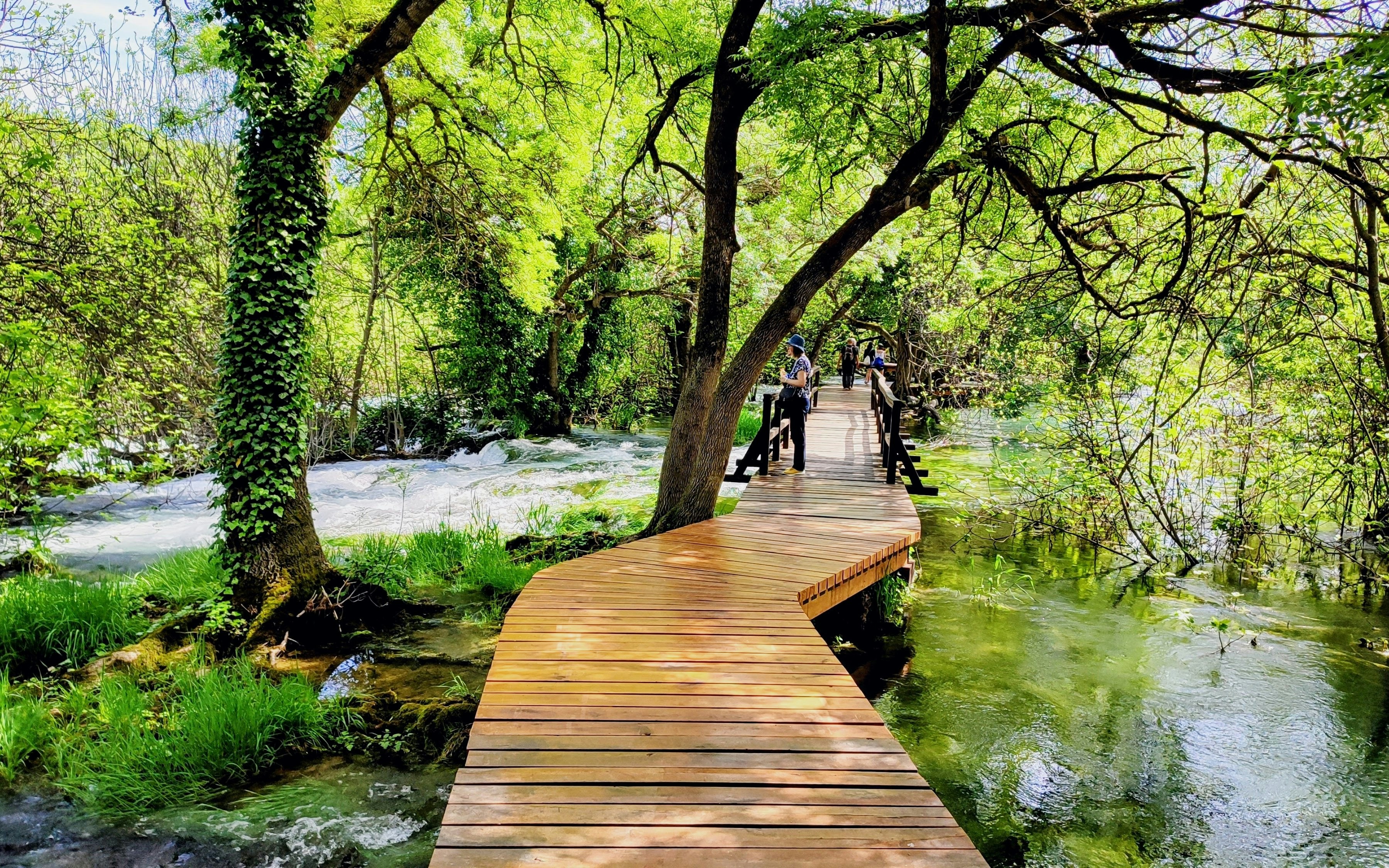 Wooden walkway through lush greenery and flowing water at Krka National Park.