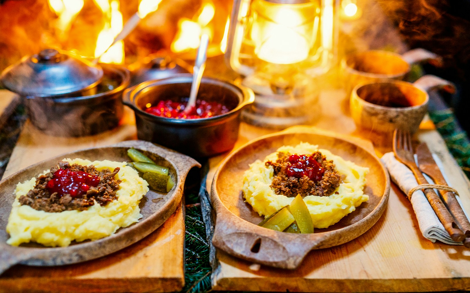 Traditional Finnish meal with mashed potatoes and lingonberry sauce at Santa Claus Village, Rovaniemi.