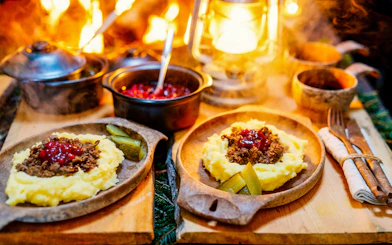 Traditional Finnish meal with mashed potatoes and lingonberry sauce at Santa Claus Village, Rovaniemi.
