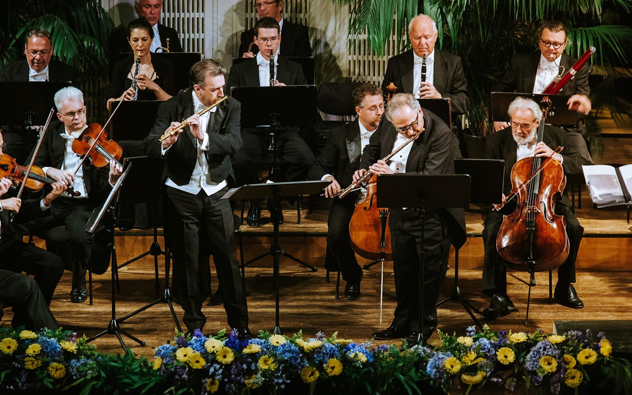 Vienna Hofburg Orchestra performing with musicians playing violins and flutes on stage.