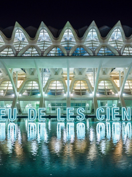 Príncep Felipe Science Museum illuminated facade at night, Valencia.
