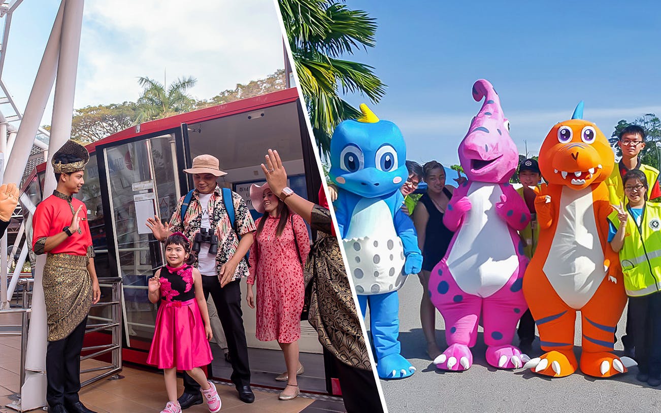 Menara Taming Sari entrance with family and Melaka Wonderland mascots.