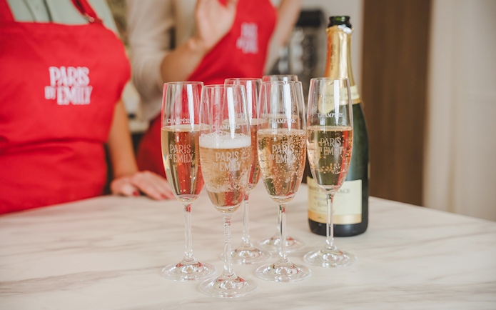 Champagne glasses at Emily in Paris Macaron-Making Workshop.