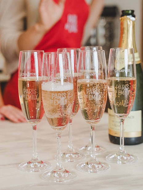 Champagne glasses at Emily in Paris Macaron-Making Workshop.