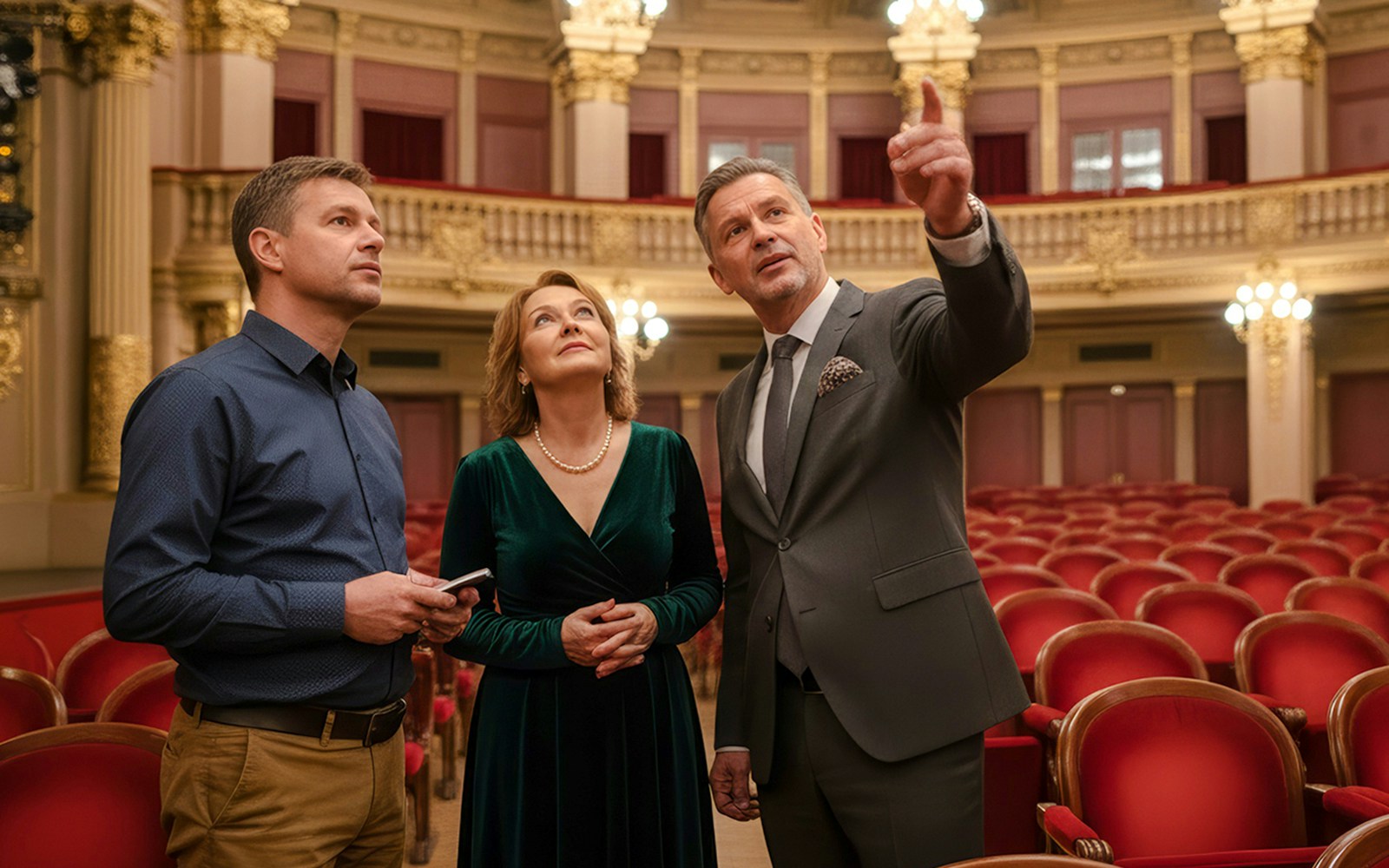 Tour guide with guests inside the Hungarian State Opera, admiring the ornate interior.