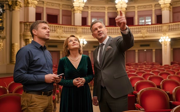 Tour guide with guests inside the Hungarian State Opera, admiring the ornate interior.