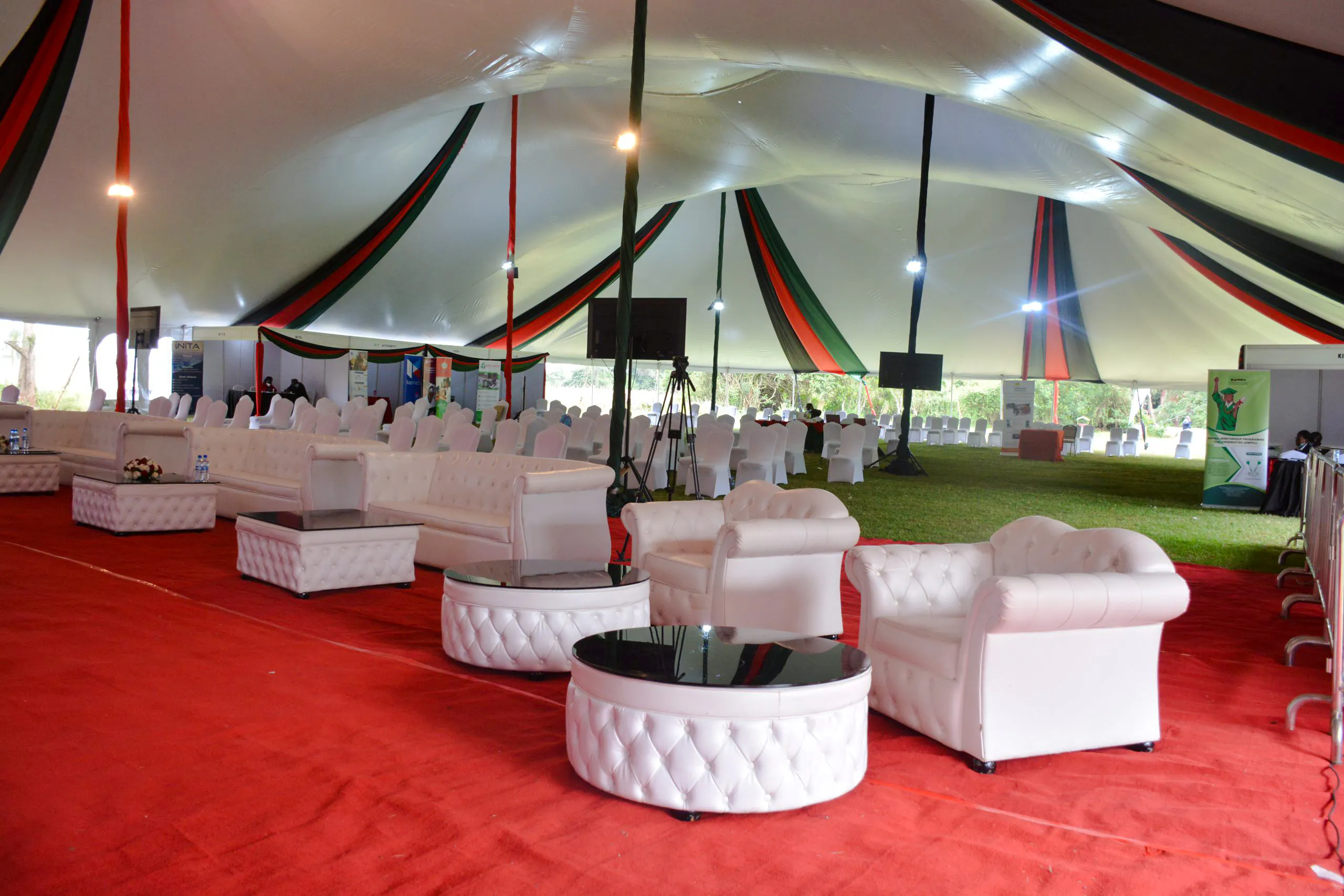 Seating area under a large tent at Bomas of Kenya Cultural Experience, Nairobi.
