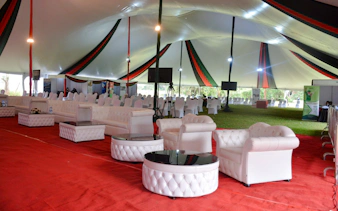 Seating area under a large tent at Bomas of Kenya Cultural Experience, Nairobi.