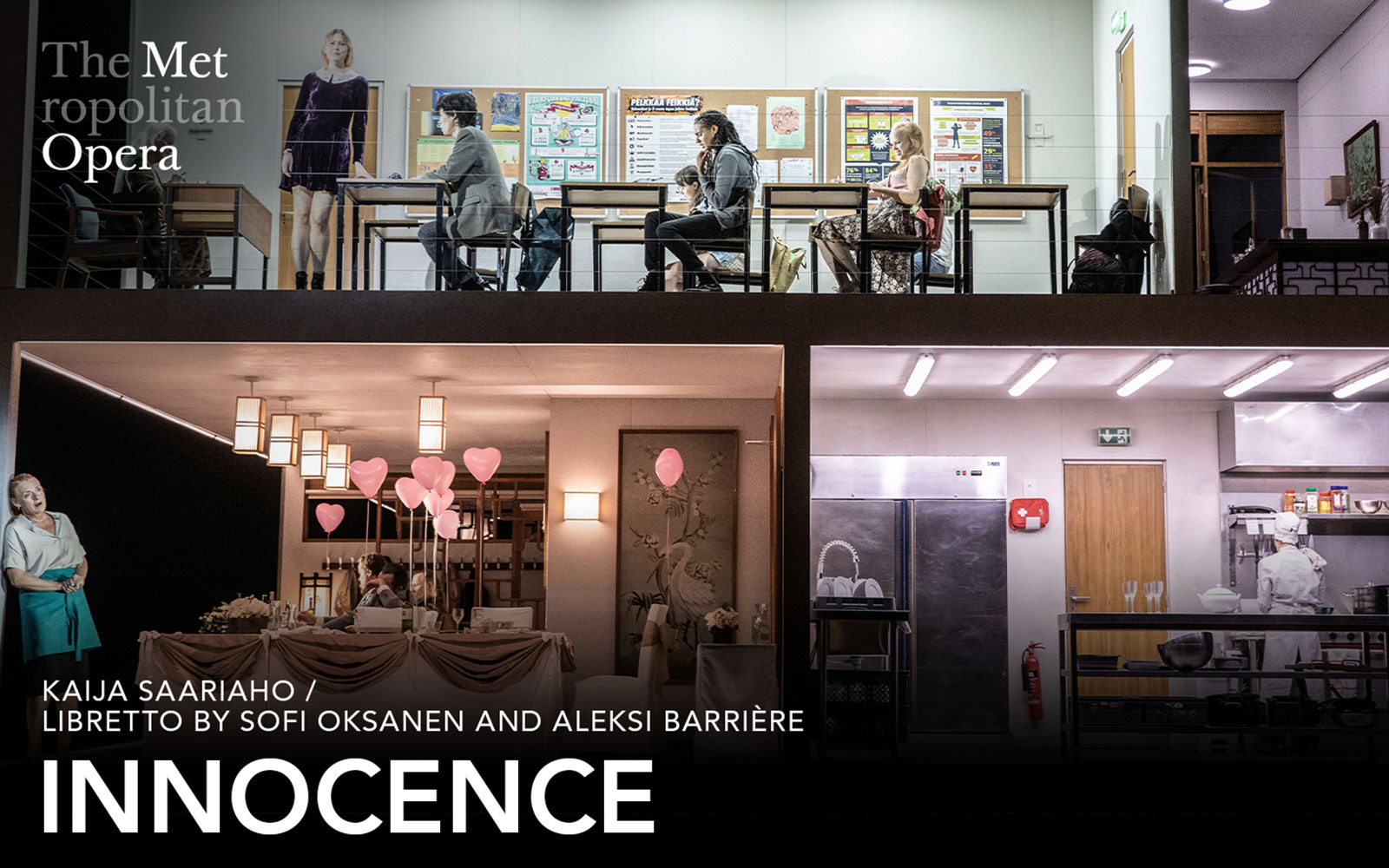 Metropolitan Opera's "Innocence" set with actors in a classroom and dining scene.