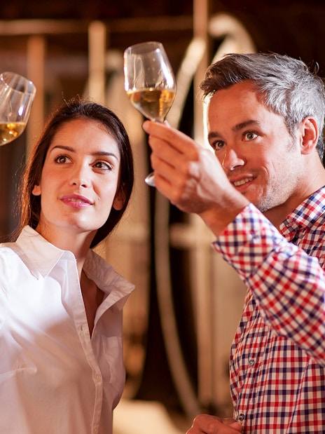 Tourists tasting wine at Château de Crémat cellar.