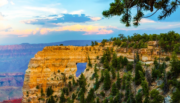 Angels Window rock formation on Cape Royal Trail, North Rim, with expansive canyon views.