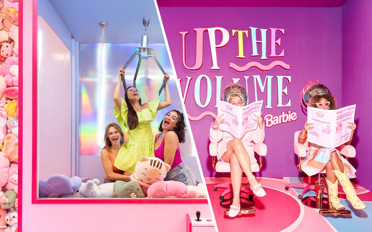 Guests enjoying interactive exhibits at Barbie The Dream Experience in Amsterdam.