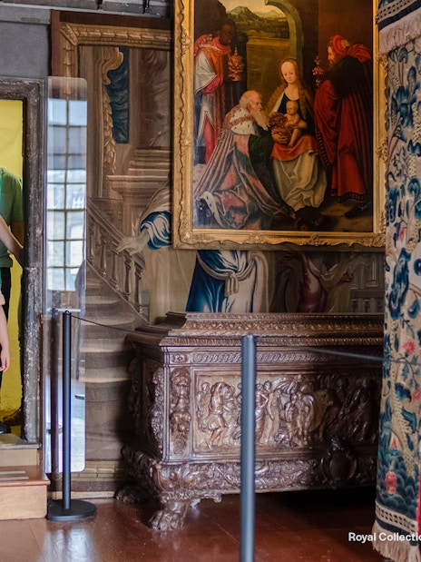 Visitors entering Mary Queen of Scots Bedchamber at the Palace of Holyroodhouse.