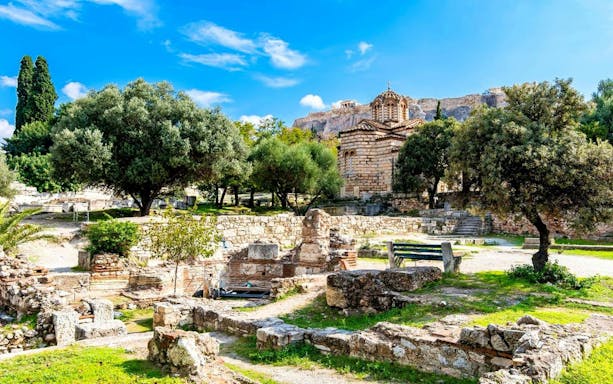Ancient Agora ruins with a Byzantine church in Athens, Greece.