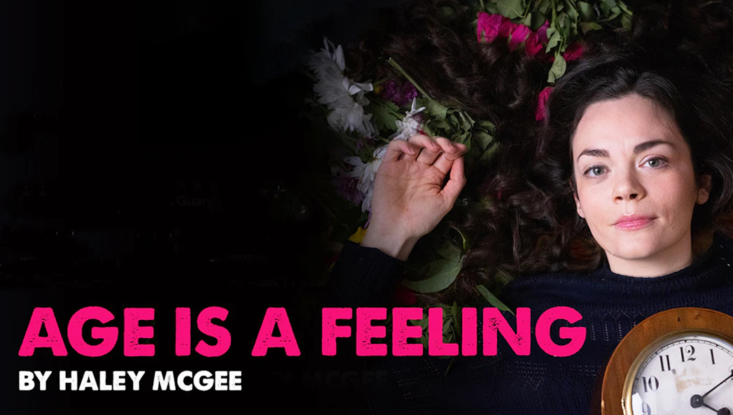 Person lying among flowers holding a clock, text reads 'Age Is A Feeling'