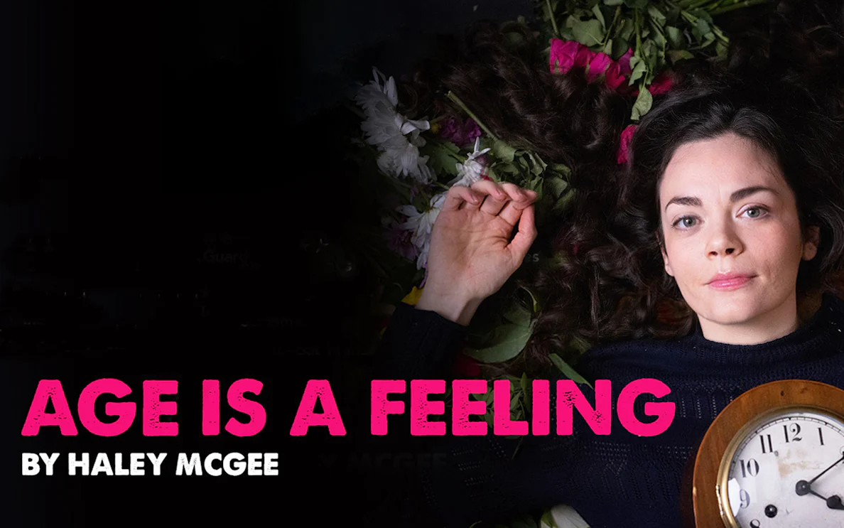 Person lying among flowers holding a clock, text reads 'Age Is A Feeling'