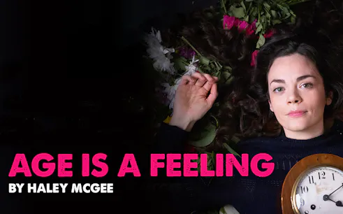 Person lying among flowers holding a clock, text reads 'Age Is A Feeling'
