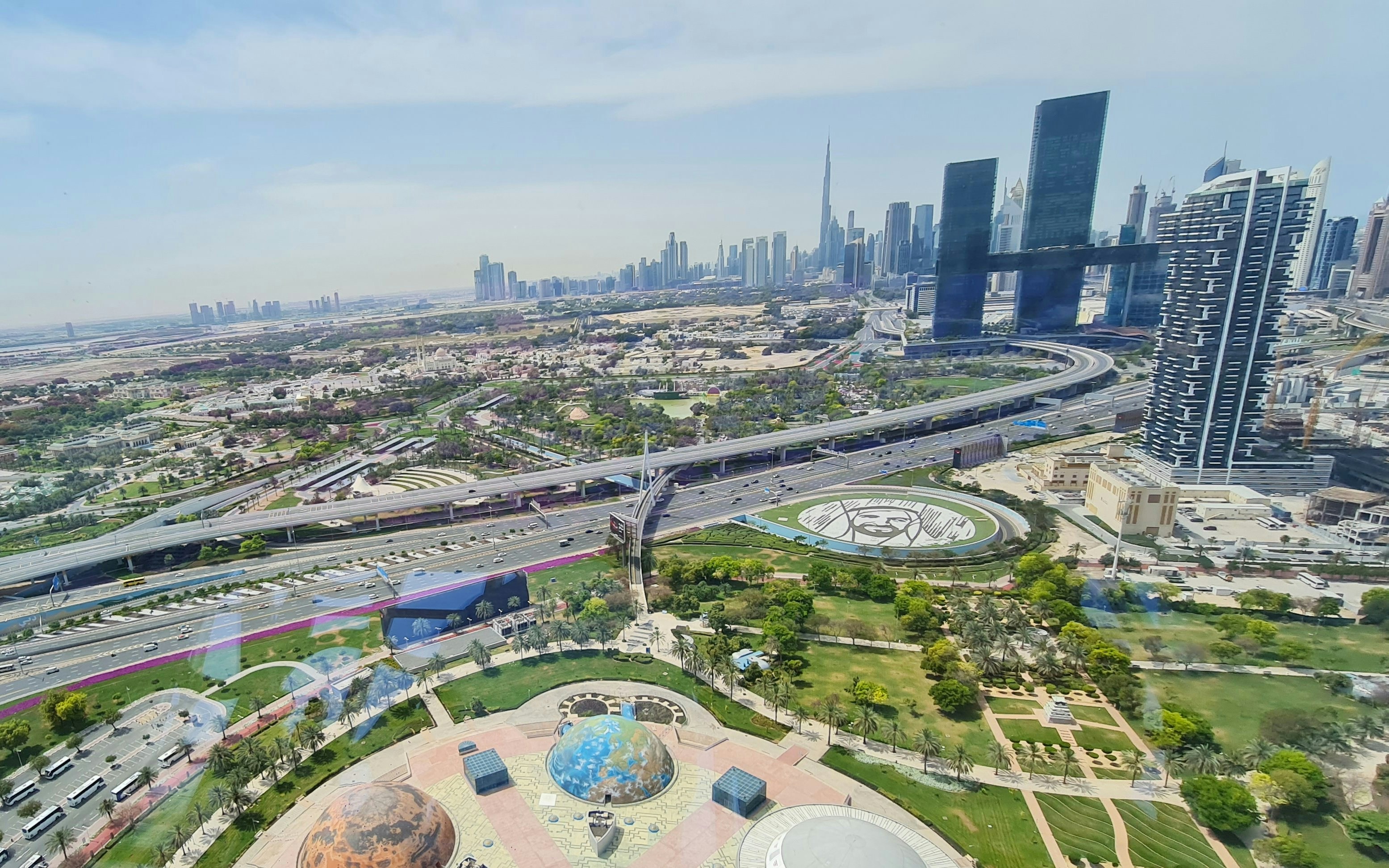 View of Dubai skyline and highways from Dubai Frame.