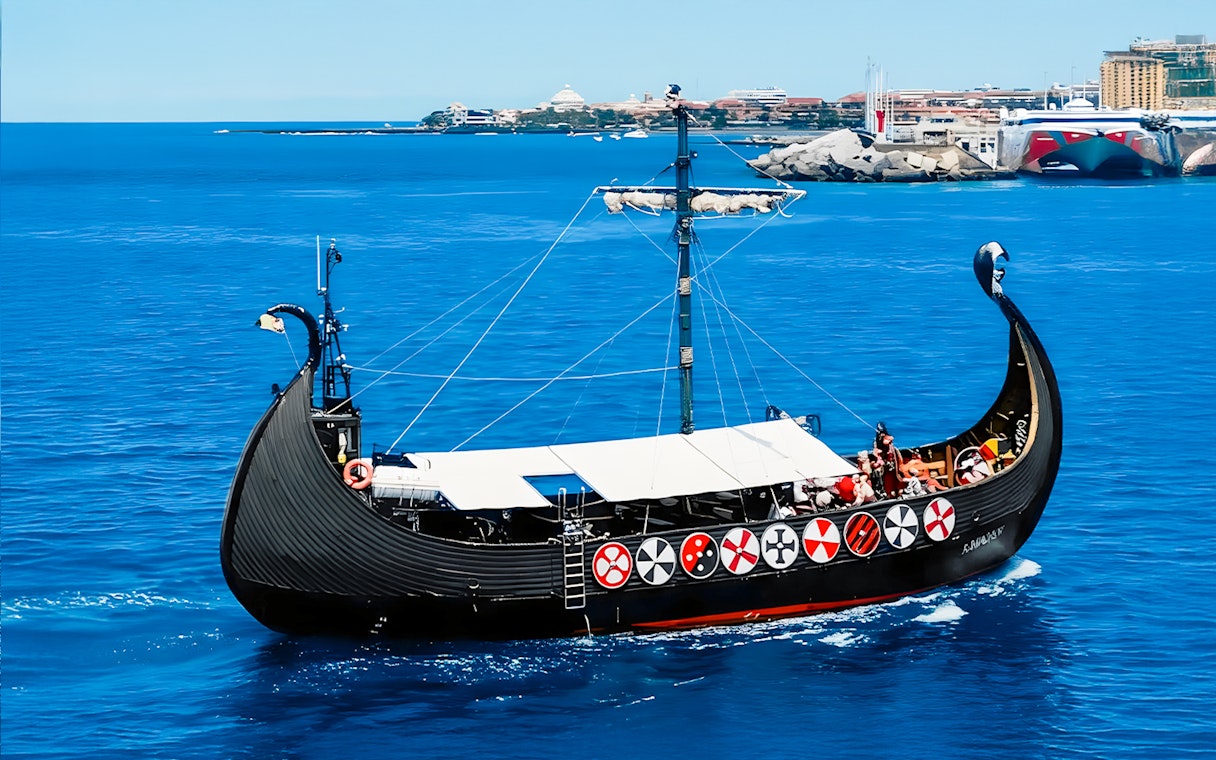 Viking boat sailing with cityscape in background for whale and dolphin watching cruise.