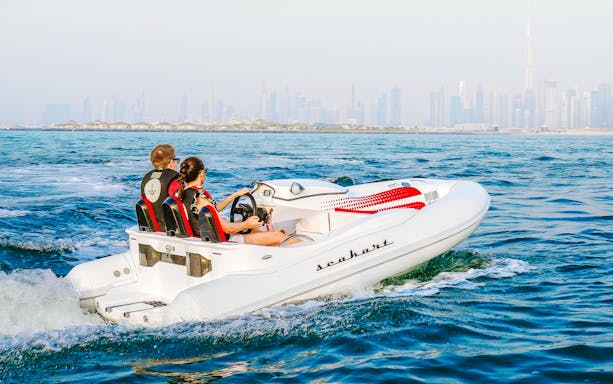 Tourists navigating a self-drive boat with a city skyline in the background.